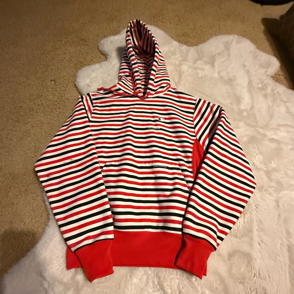 GUC Champion Unisex Reverse Weave Striped Hooded sweatshirt w/front pocket.